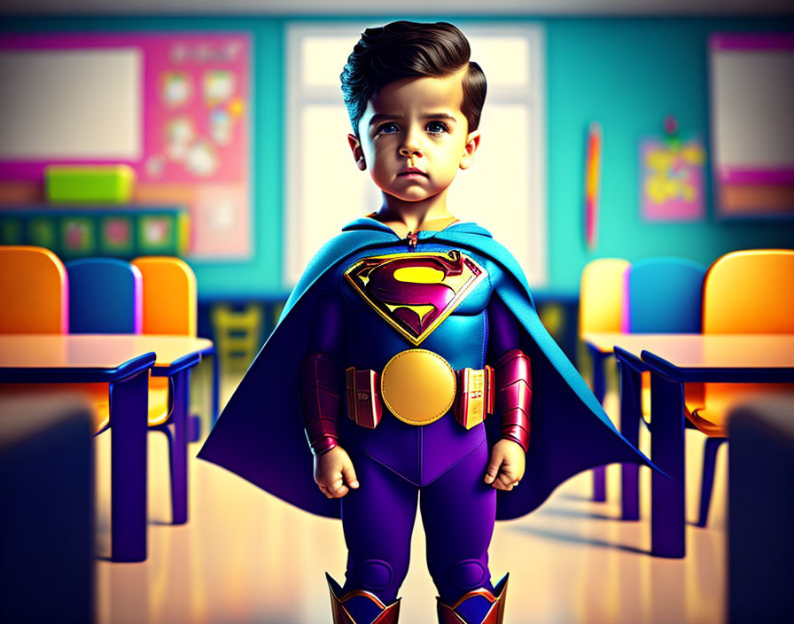 Young boy as Superman in colorful classroom with confident superhero stance