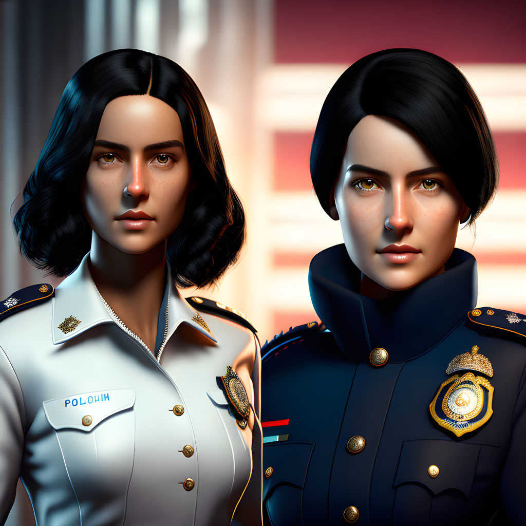 Two female police characters in white and blue uniforms, high-quality 3D rendering.