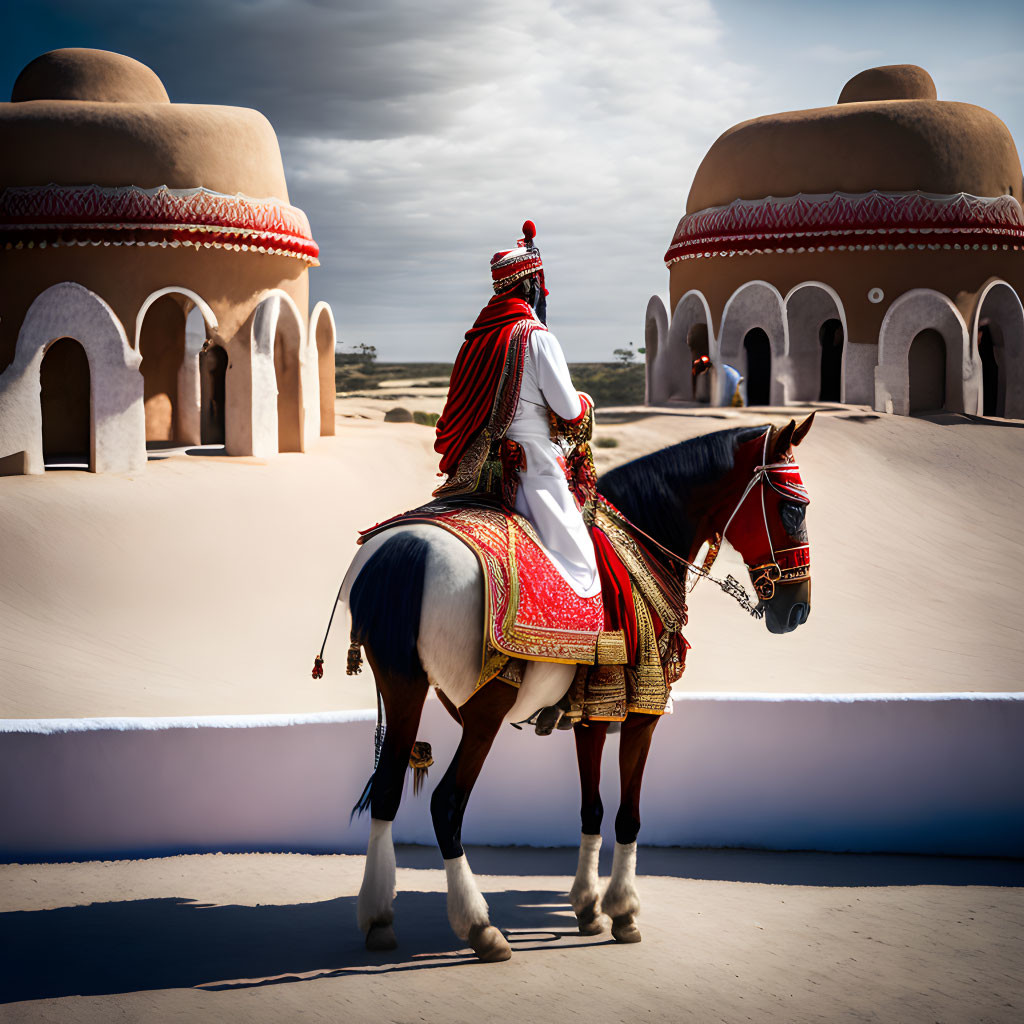 Person in traditional attire riding decorated horse near round mud buildings under partly cloudy sky