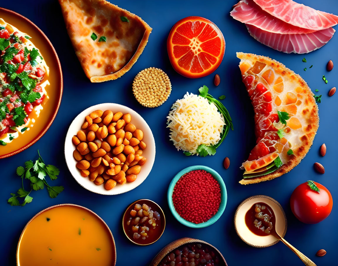 Colorful Food Mosaic on Blue Background: Grains, Citrus, Cheese & Spices