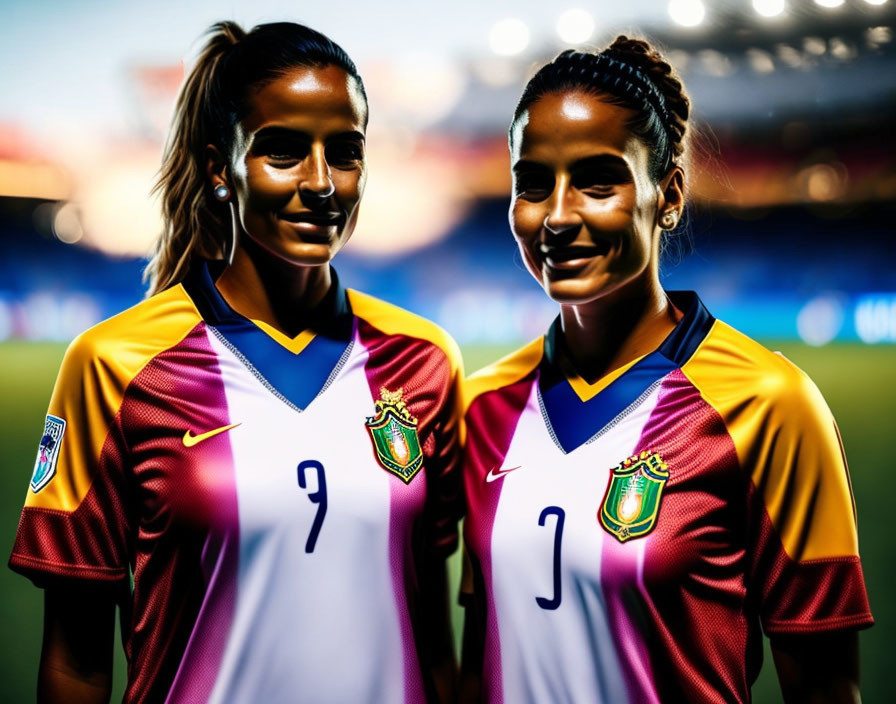 Smiling Female Soccer Players in Colorful Jerseys on Field