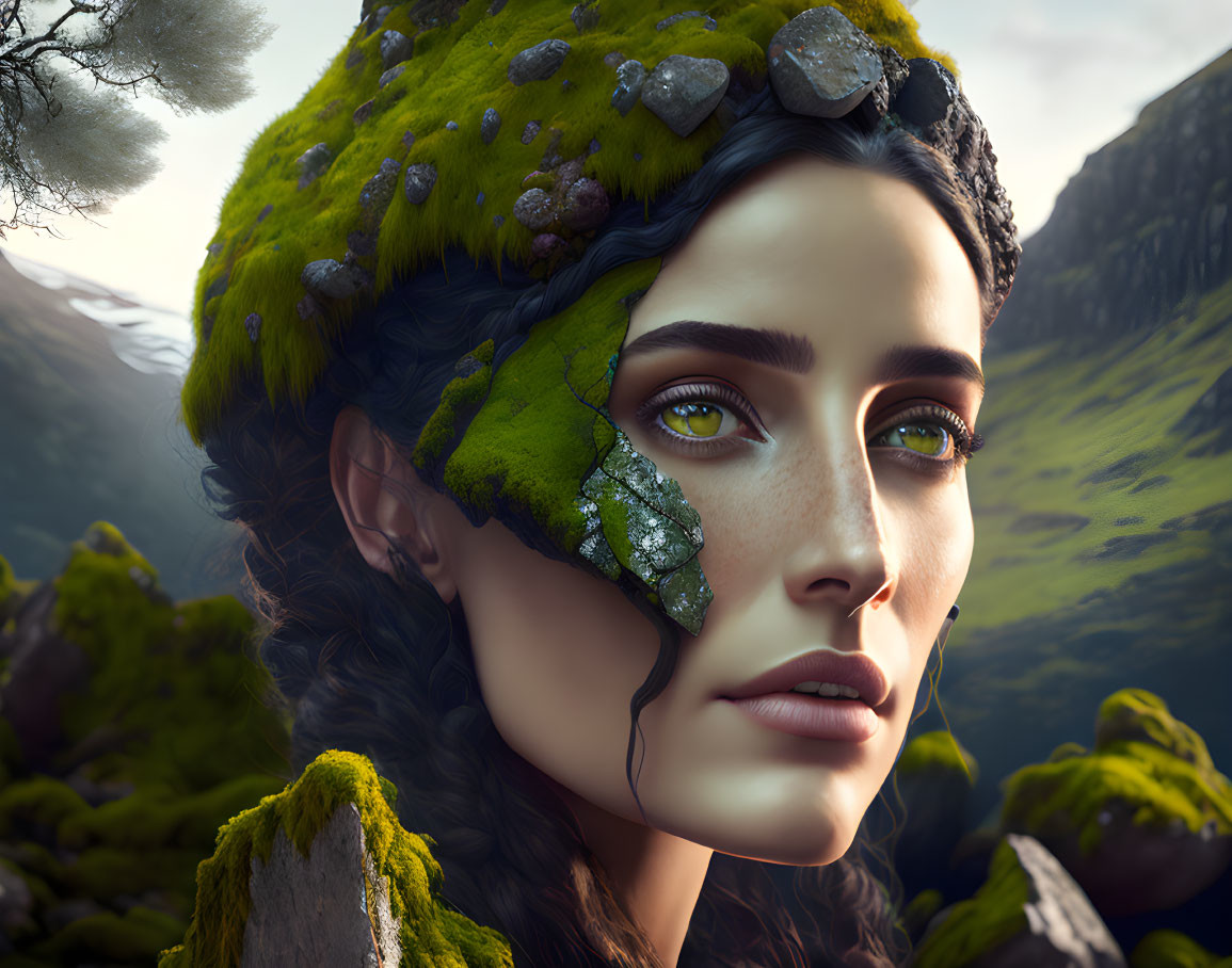 Fantasy woman with moss and stones, nature-themed, lush landscape background