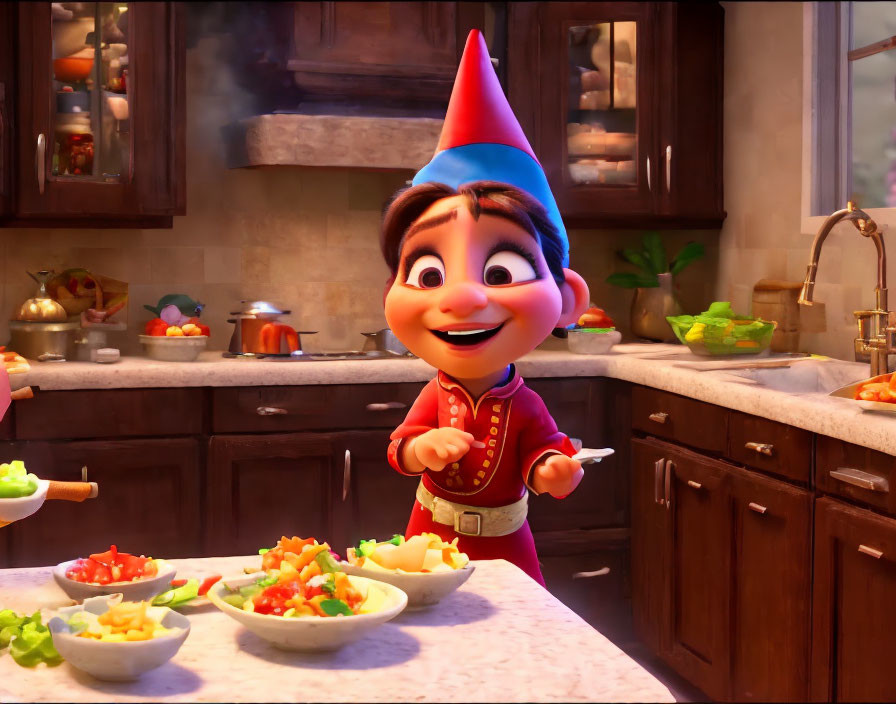 Smiling gnome character in kitchen with fresh food