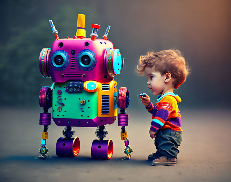 Child in Striped Sweater with Colorful Robot in Foggy Outdoor Setting