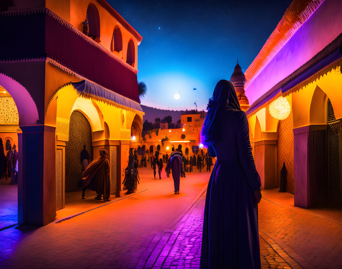 Traditional Attired Woman in Night Market of Old Middle Eastern Town