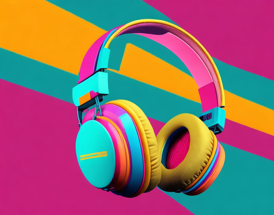 Multicolored headphones on geometric striped background