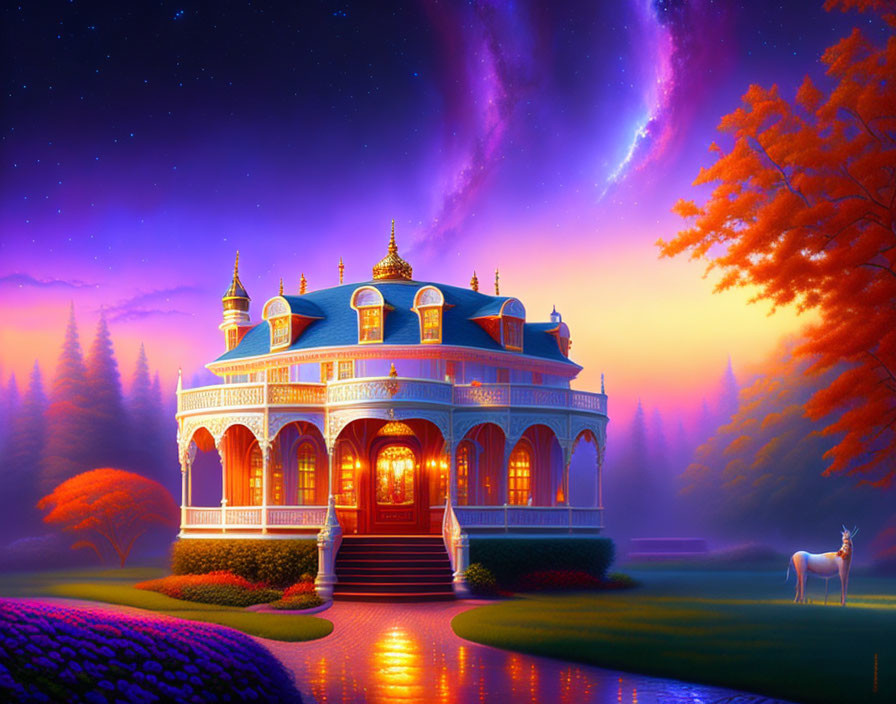 Twilight mansion with glowing windows, vibrant gardens, purple sky, and white deer.