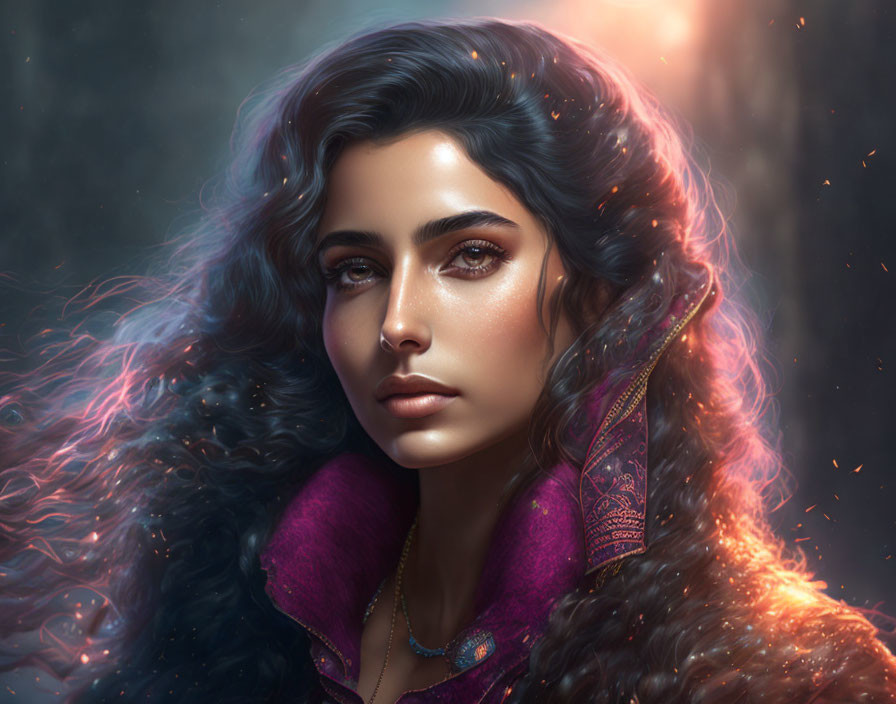 Detailed digital portrait of a woman with wavy hair and luminous skin in vibrant purple attire and orn