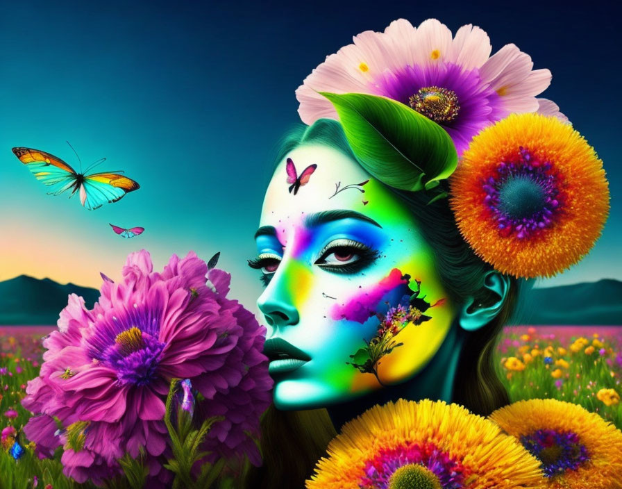 Colorful digital portrait of a woman with flowers and butterflies in mountain landscape