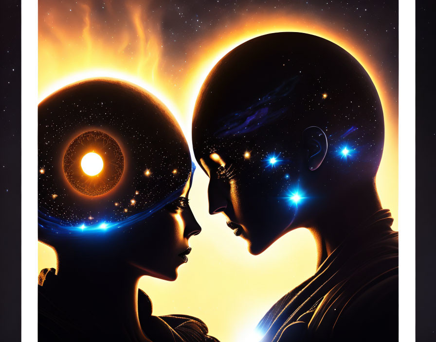 Silhouetted figures with cosmic elements facing each other against a starry background