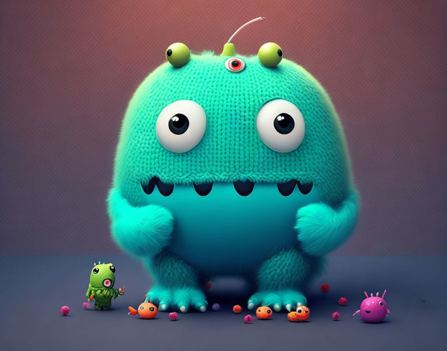 Large turquoise fluffy monster with big eyes next to tiny green version among colorful creatures on gradient background