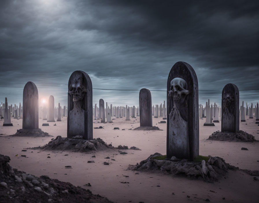 Eerie graveyard scene with skull tombstones under cloudy sky