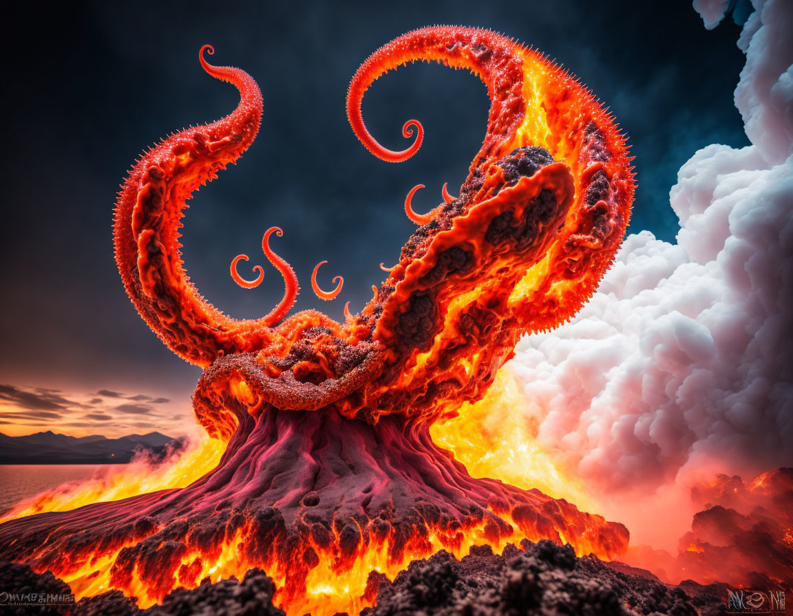 Giant octopus emerges from volcanic eruption amidst dramatic clouds