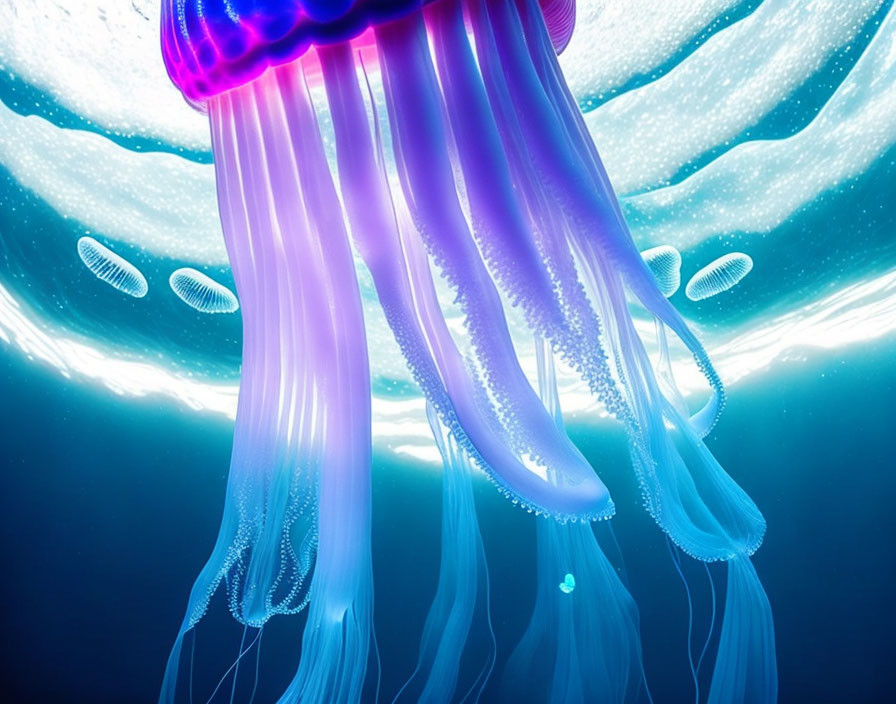 Purple jellyfish with long tentacles and white fish in glistening water.