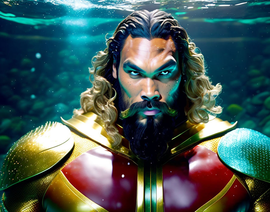 Bearded character in gold and red armor emerges underwater