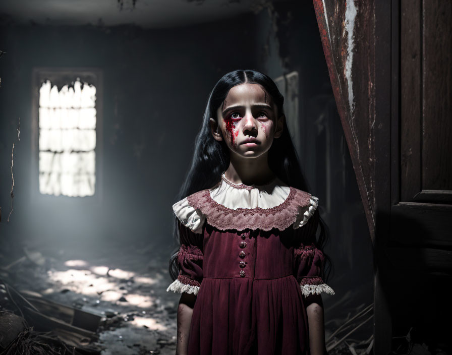 Young girl in vintage dress with tears of blood in dimly lit room