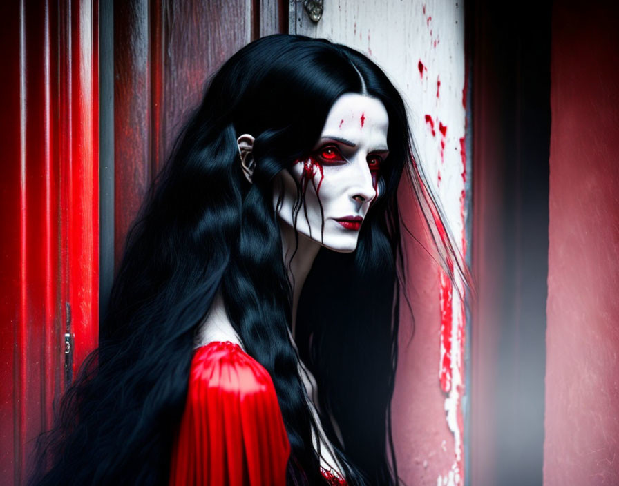 Pale woman with black hair and red eyes behind red door, white face paint with red cross