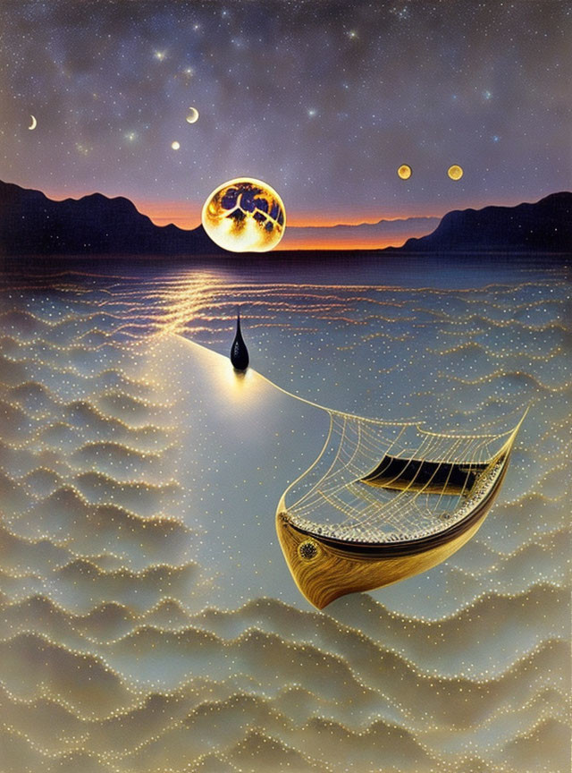 Wooden boat with lute design on wavy water under surreal sky with multiple moons and glowing orb