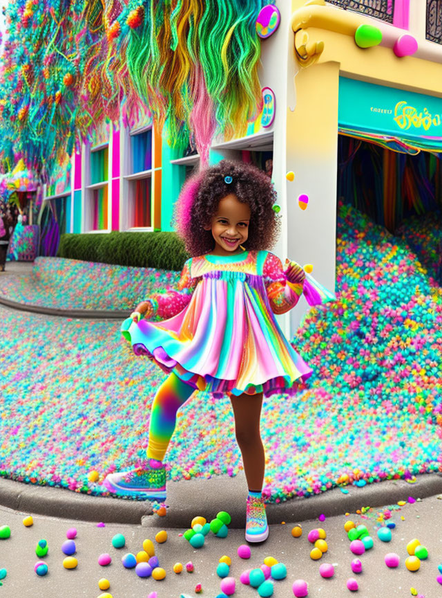 Curly-haired girl in striped dress plays with colorful balls on vibrant street