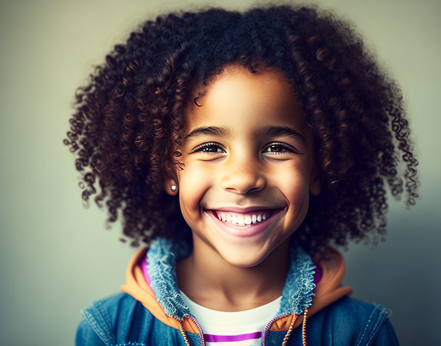 Young girl with curly hair in blue jacket smiling brightly