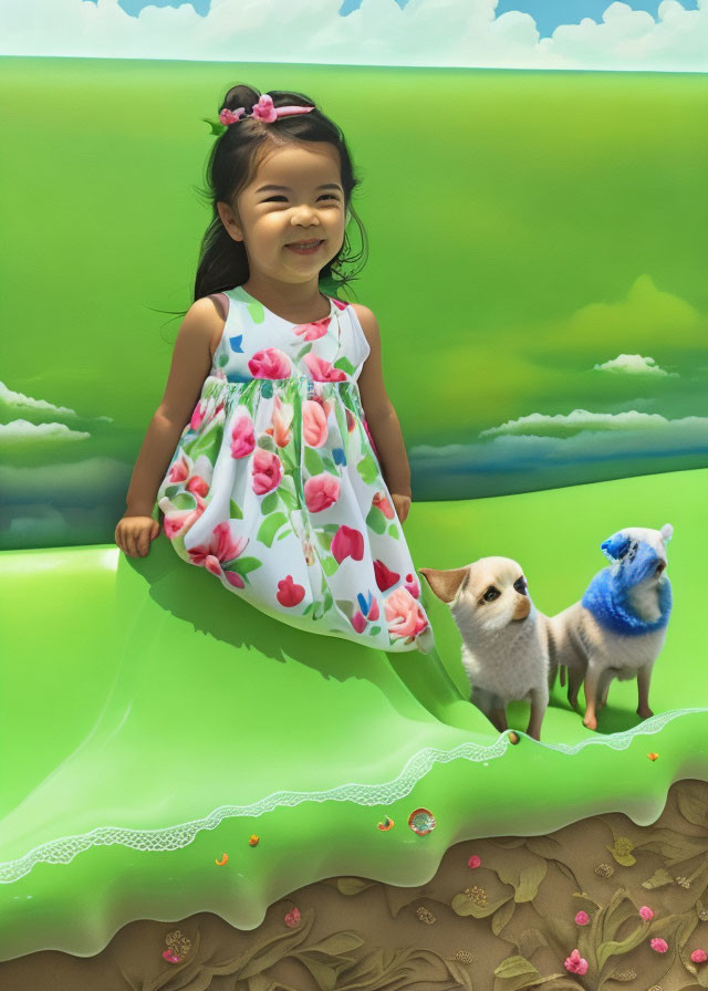 Young girl in floral dress with dogs on green hill under sky