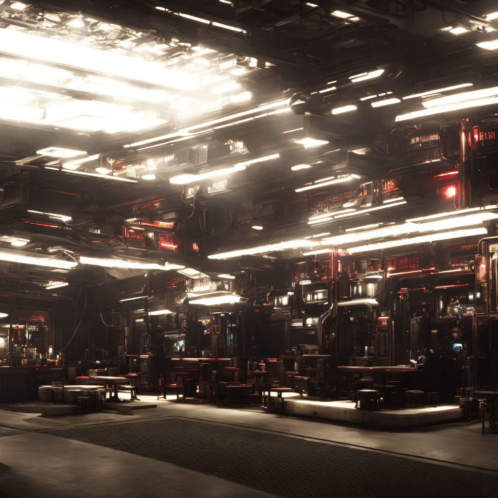 Dimly Lit Industrial Interior with Futuristic Dystopian Atmosphere