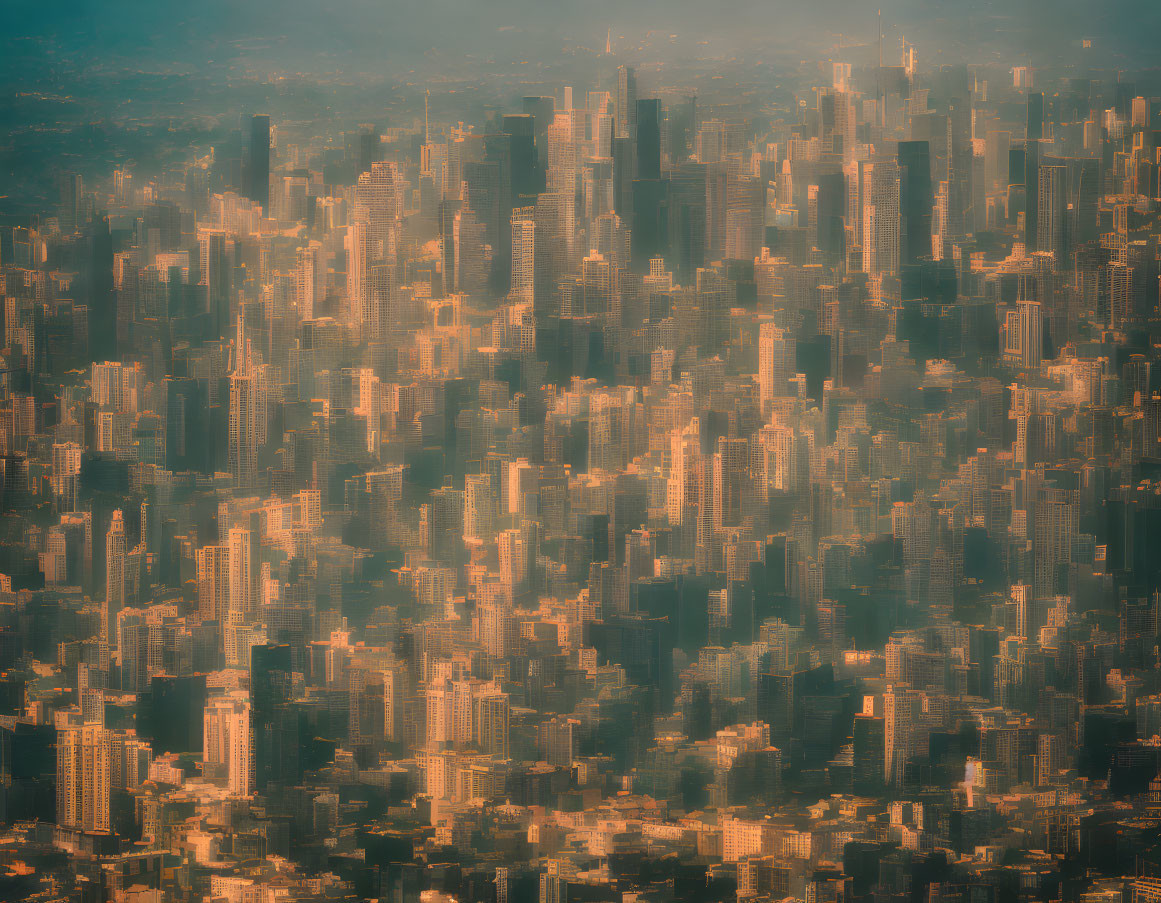 Dense Cityscape in Warm Sunlight with Skyscrapers Casting Shadows