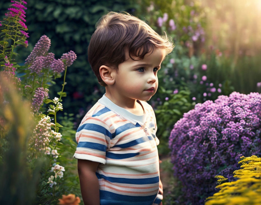 Child in Striped Shirt Surrounded by Purple and Yellow Flowers in Garden