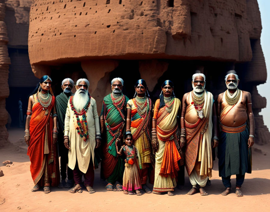 Traditional Indigenous People in Colorful Attire by Earthen Structure