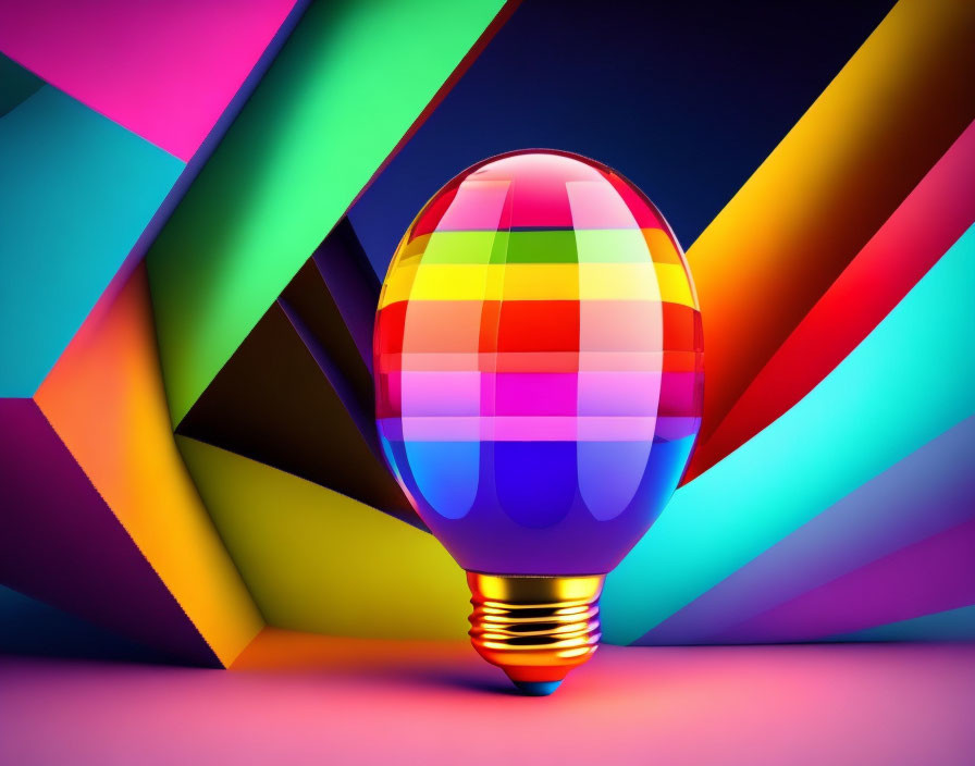 Colorful Striped Lightbulb on Vibrant Geometric Background