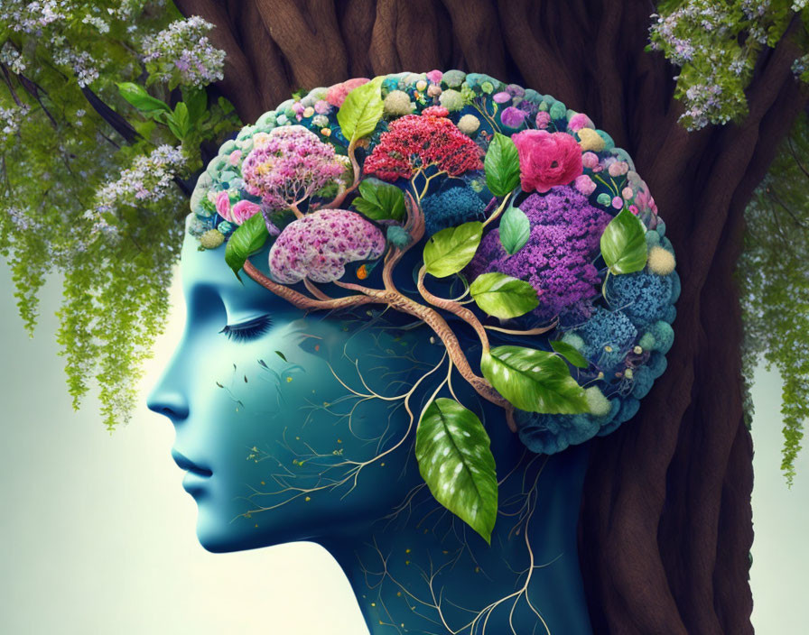 Human profile integrated with tree trunk, branches as brain with colorful flowers.