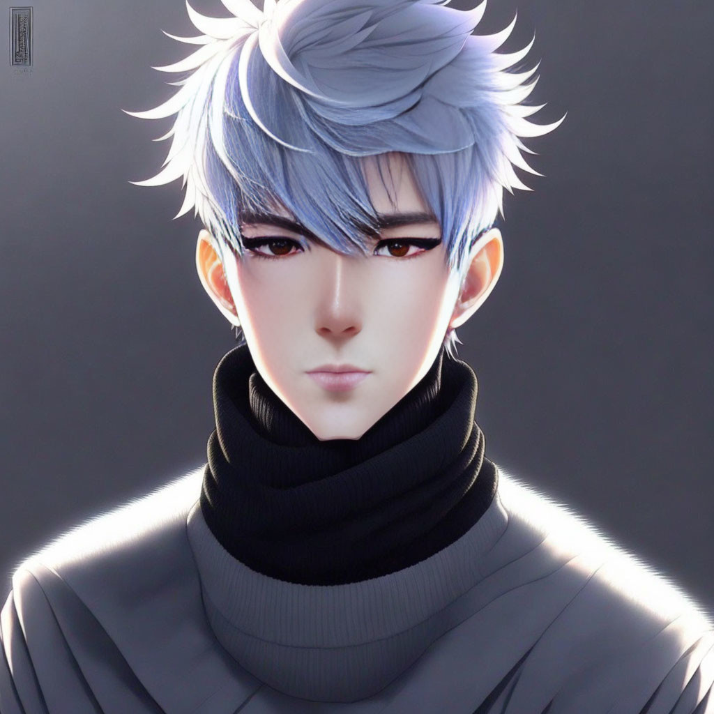 Semi-realistic digital art: person with spiky blue hair, red eyes, black t