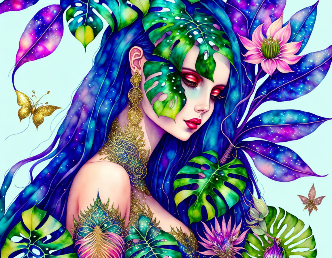 Detailed illustration of woman with vibrant blue hair, cosmic-patterned butterflies, and tropical leaves.