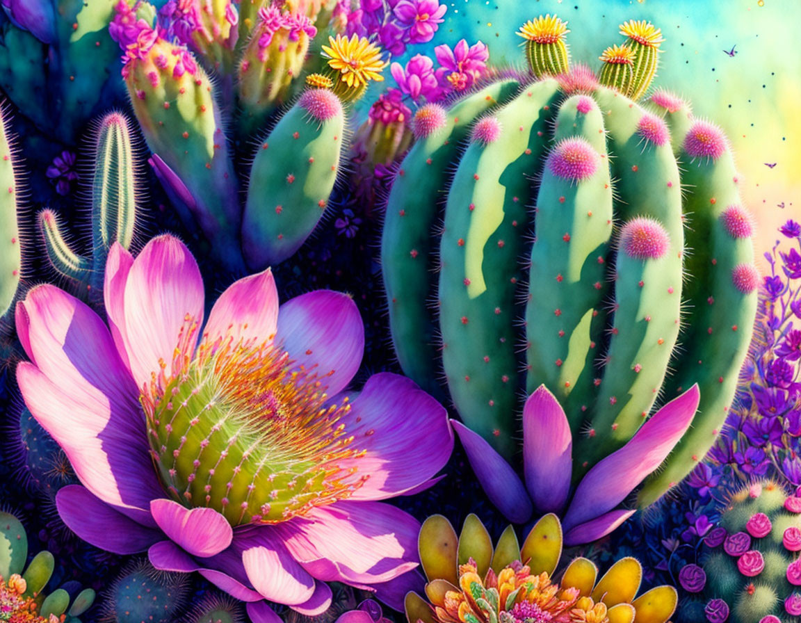 Colorful illustration of blooming cacti and succulents on vibrant background