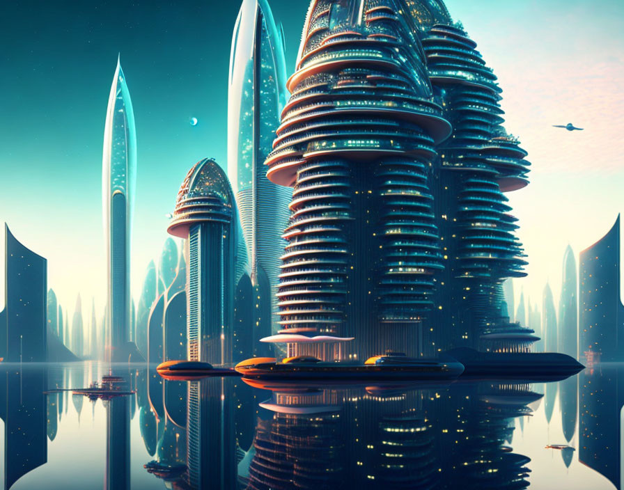 Sleek futuristic cityscape with towering buildings and flying vehicles