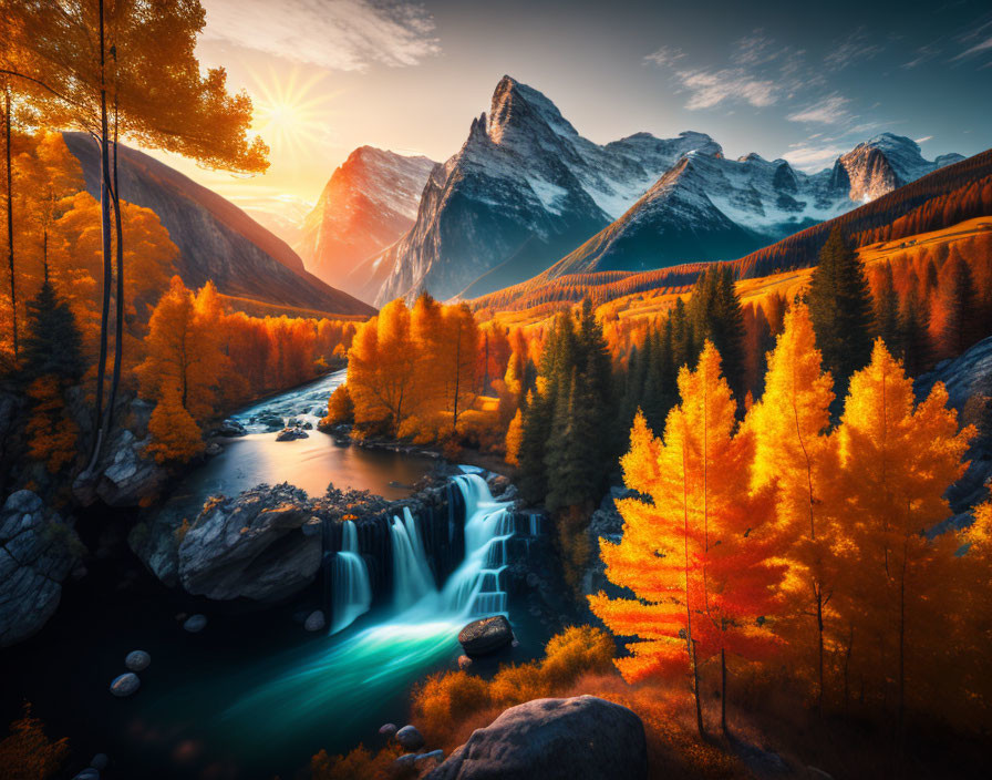 Scenic Autumn Waterfall with Orange Trees & Mountains