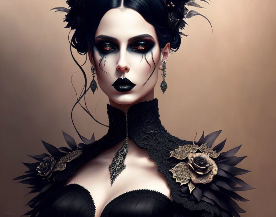 Portrait of woman in dramatic gothic attire with dark roses and intricate jewelry