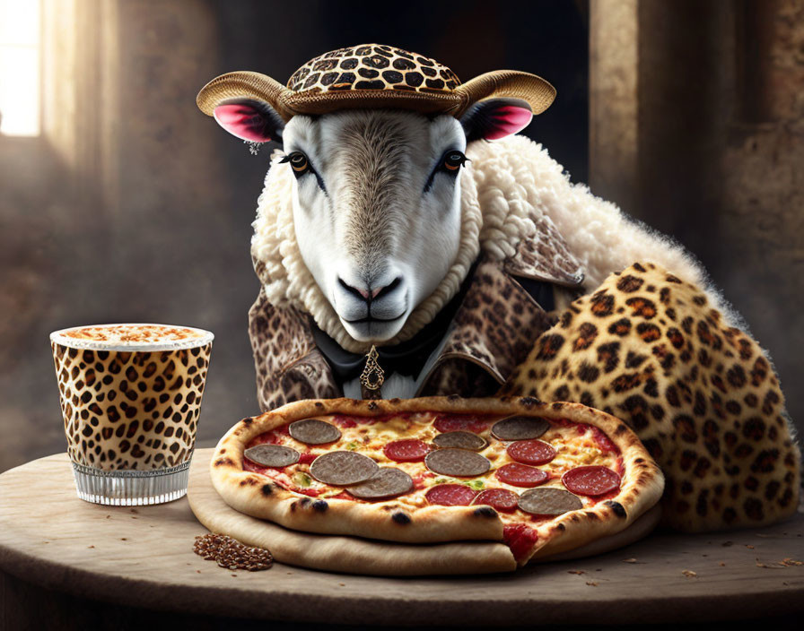 Leopard Print Sheep Enjoying Coffee and Pizza