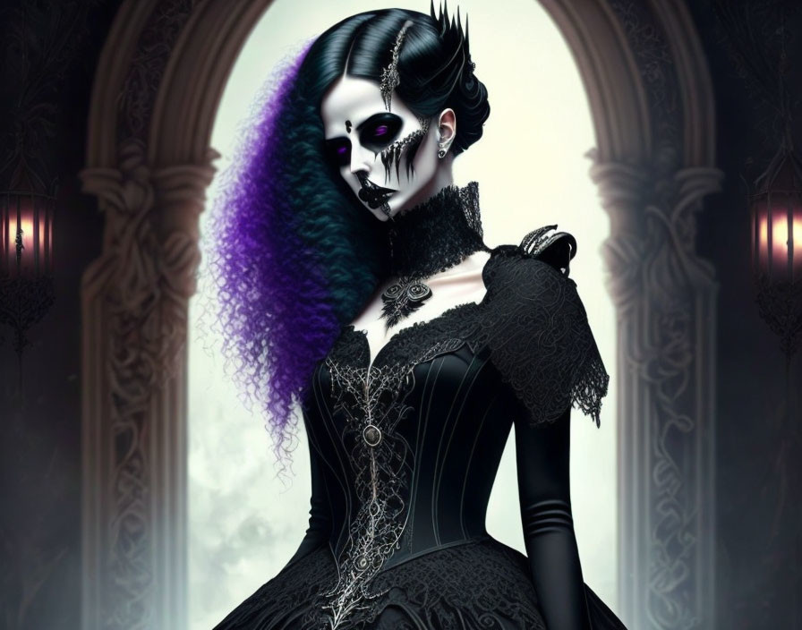 Gothic woman with skull-like face in Victorian dress in misty corridor