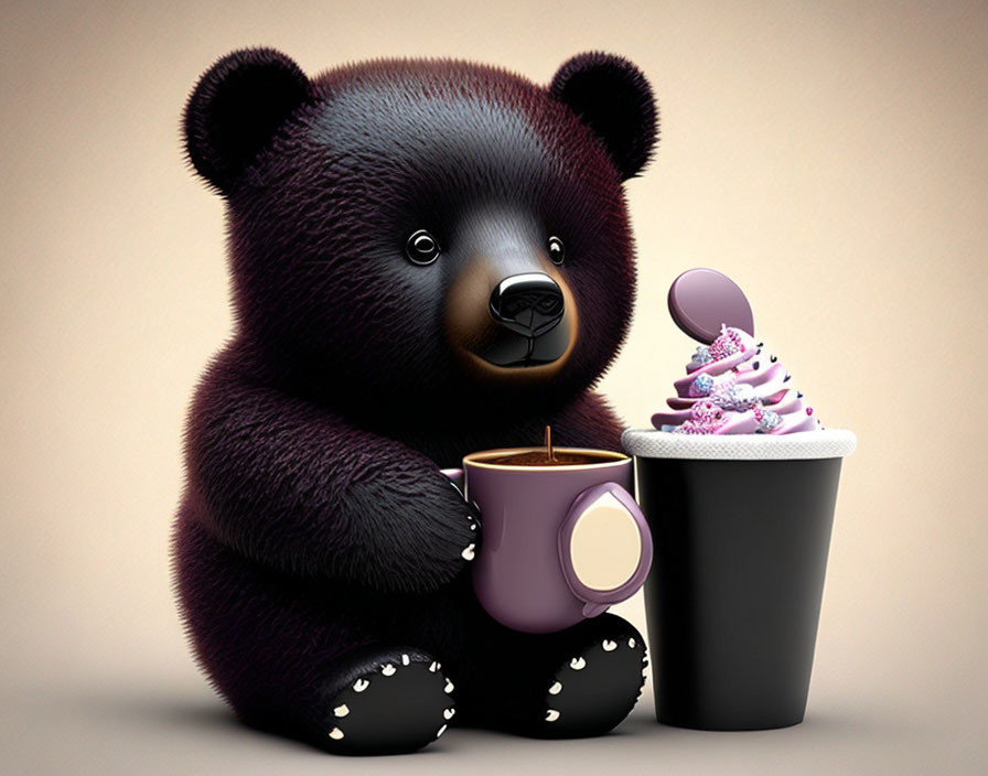 Chubby bear with coffee mug and ice cream illustration