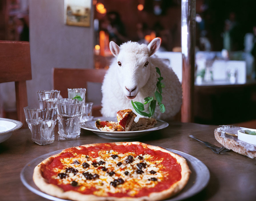 Sheep plush toy with pizza, quiche, and empty glasses on table