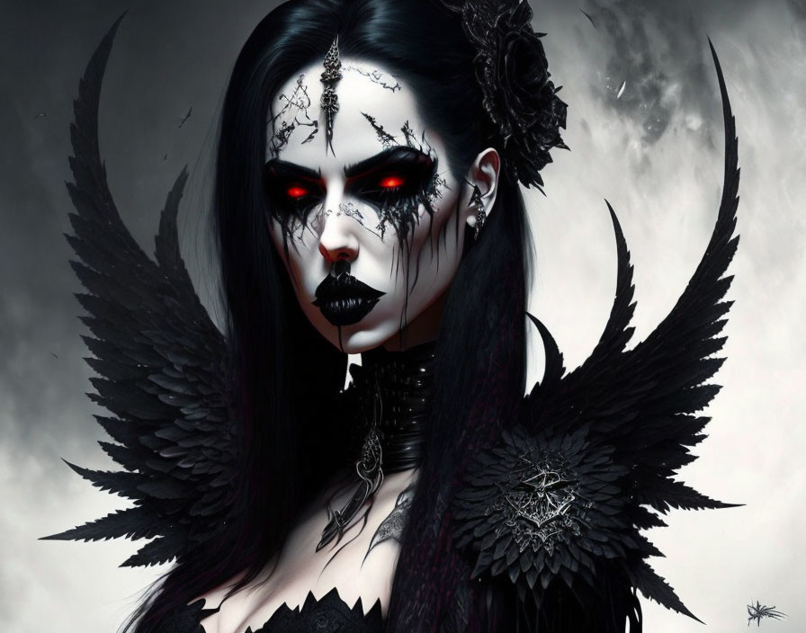 Gothic figure with red eyes, feathered wings, and intricate attire