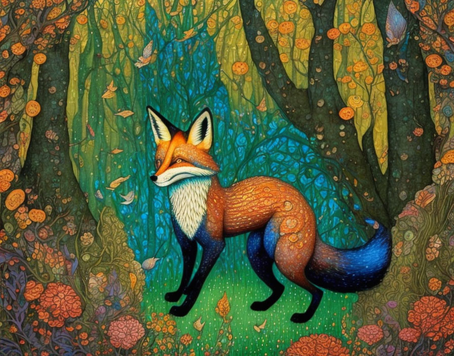 Colorful Fox Illustration in Vibrant Forest Scene