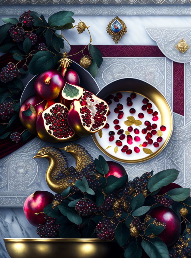 Elegant table setup with pomegranates, bowl of seeds, gold leaves, and decorative elements