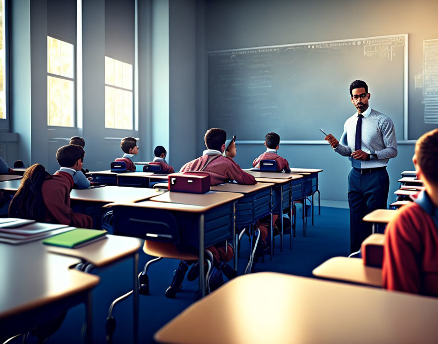 Teacher with book in classroom with students and blackboard