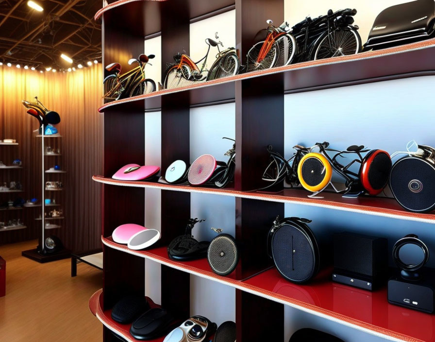 Bicycle Shop Interior with Wall-Mounted Bikes and Bike Locks