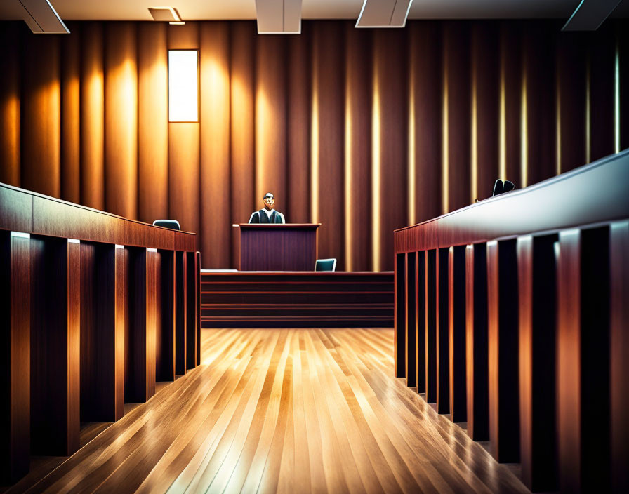 Modern courtroom with wooden paneling, judge at bench, witness stand, warm lighting