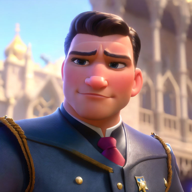 Square-jawed 3D animated character in royal uniform with medals by castle.