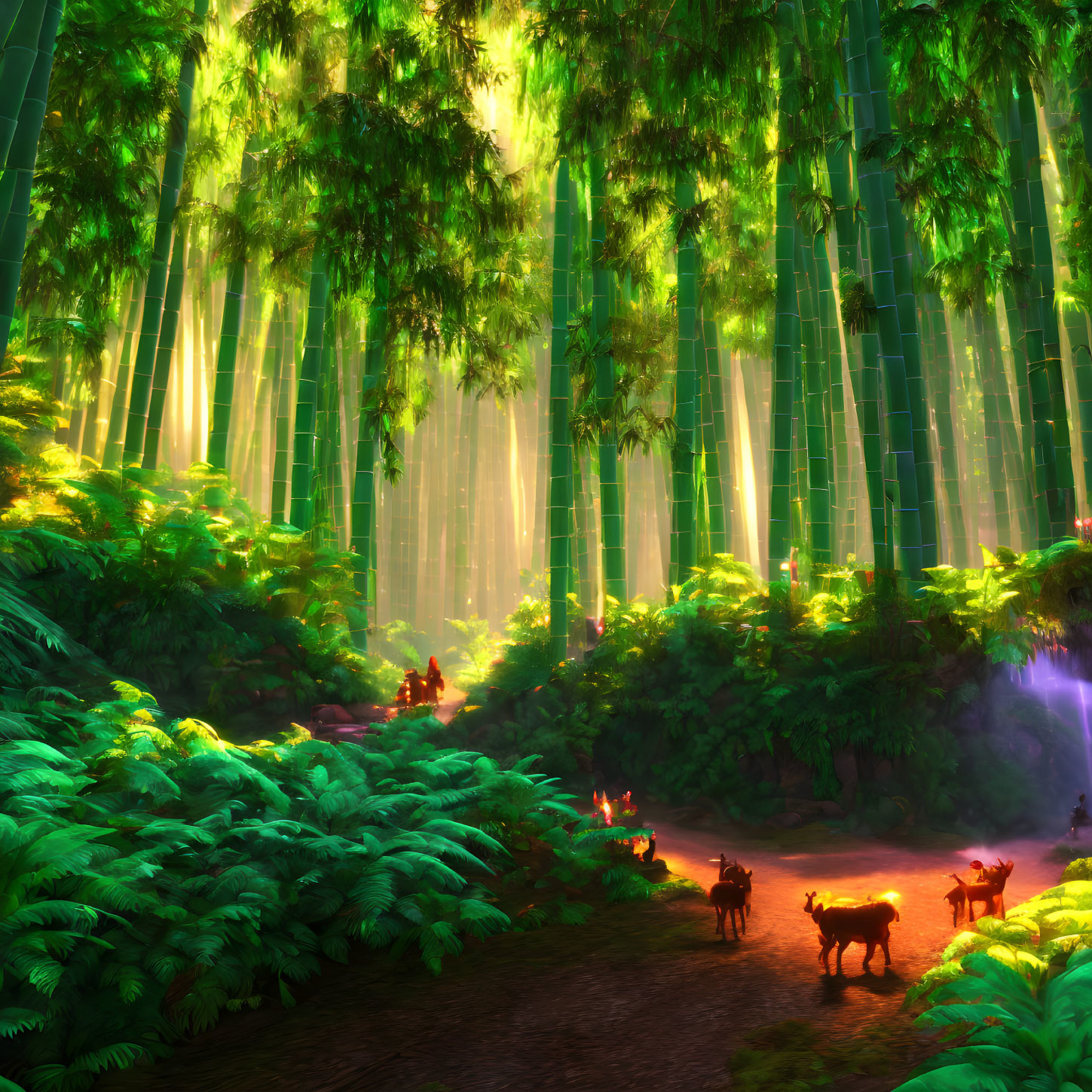 Serene bamboo forest with sunlight, pathway, and deer gathering