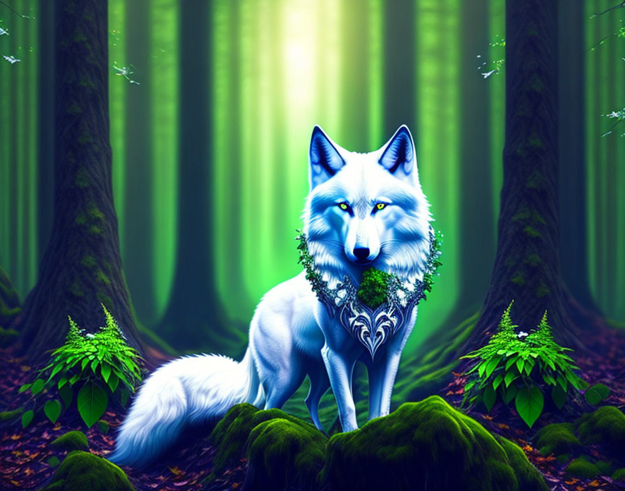 Blue wolf with leafy necklace in vibrant green forest